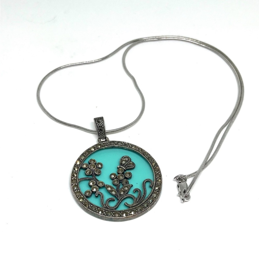 Sterling Silver Marcasite Faux Turquoise Necklace